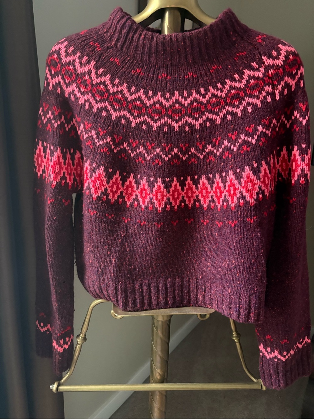 J. Crew Burgundy Crewneck Sweater with Pink Fair Isle Pattern